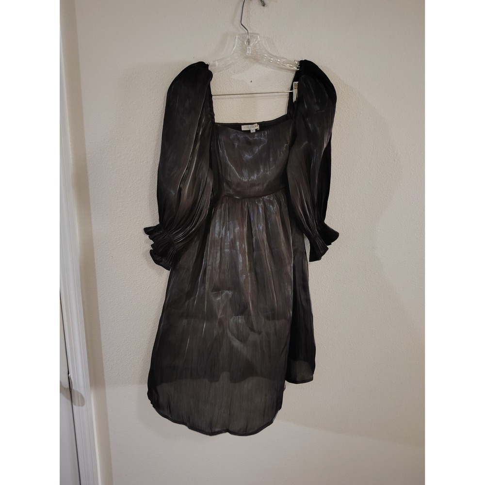 Baltic Born Black‎ Organza Puff Sleeve Smocked Mini Dress Large Metallic Shimmer